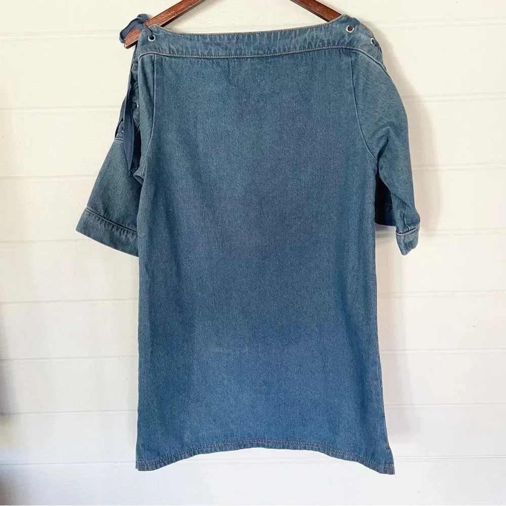 EUC Maeve Anthropologie Blue Denim Lace Up Shoulder Mini Shift Dress Size Small - Picture 9 of 13